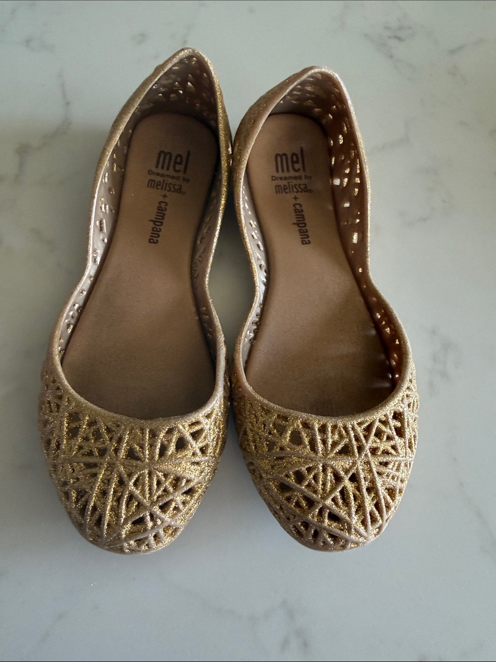 Mini Melissa + Campana gold glitter jelly flats